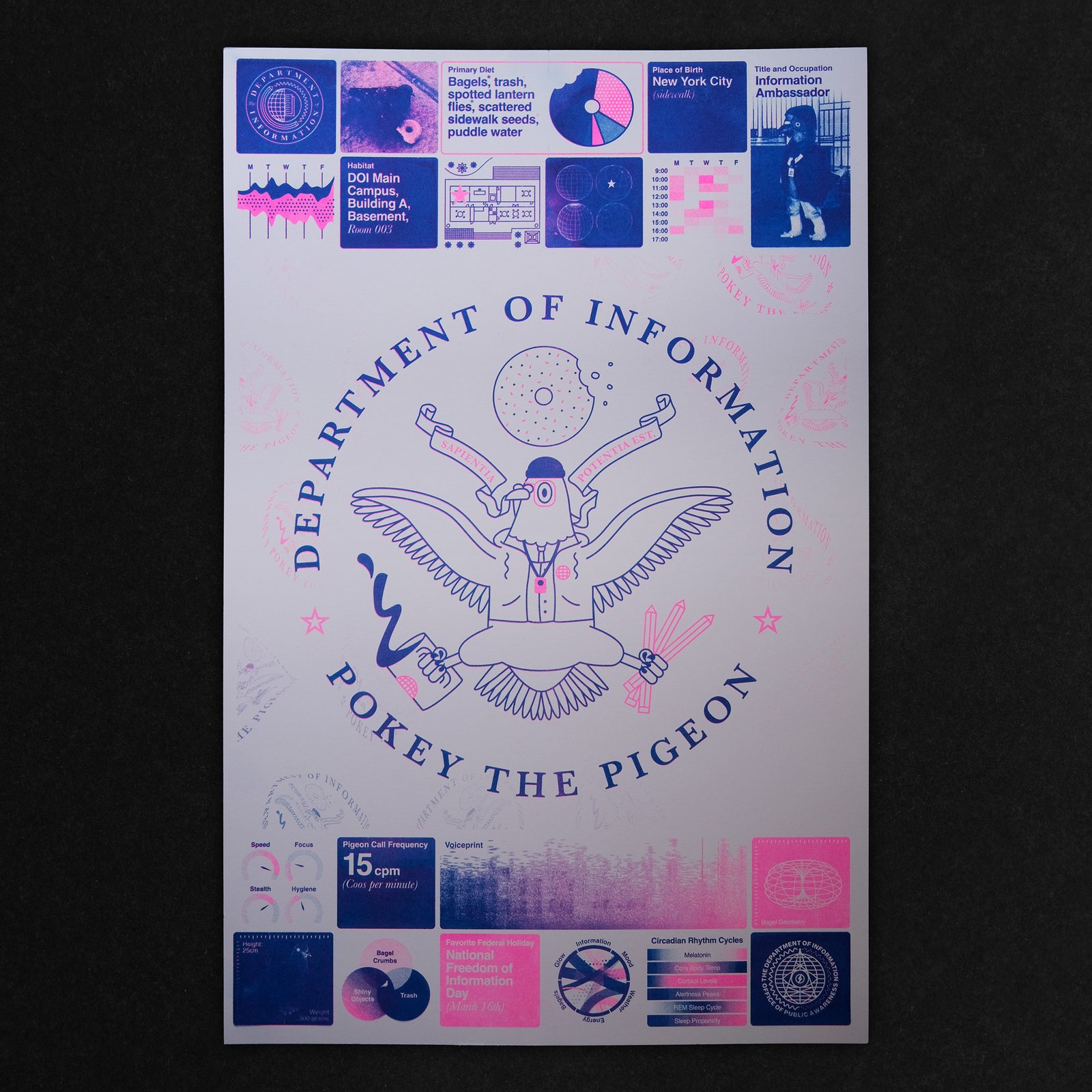A colorful risograph poster of blue and pink featuring a pigeon mascot