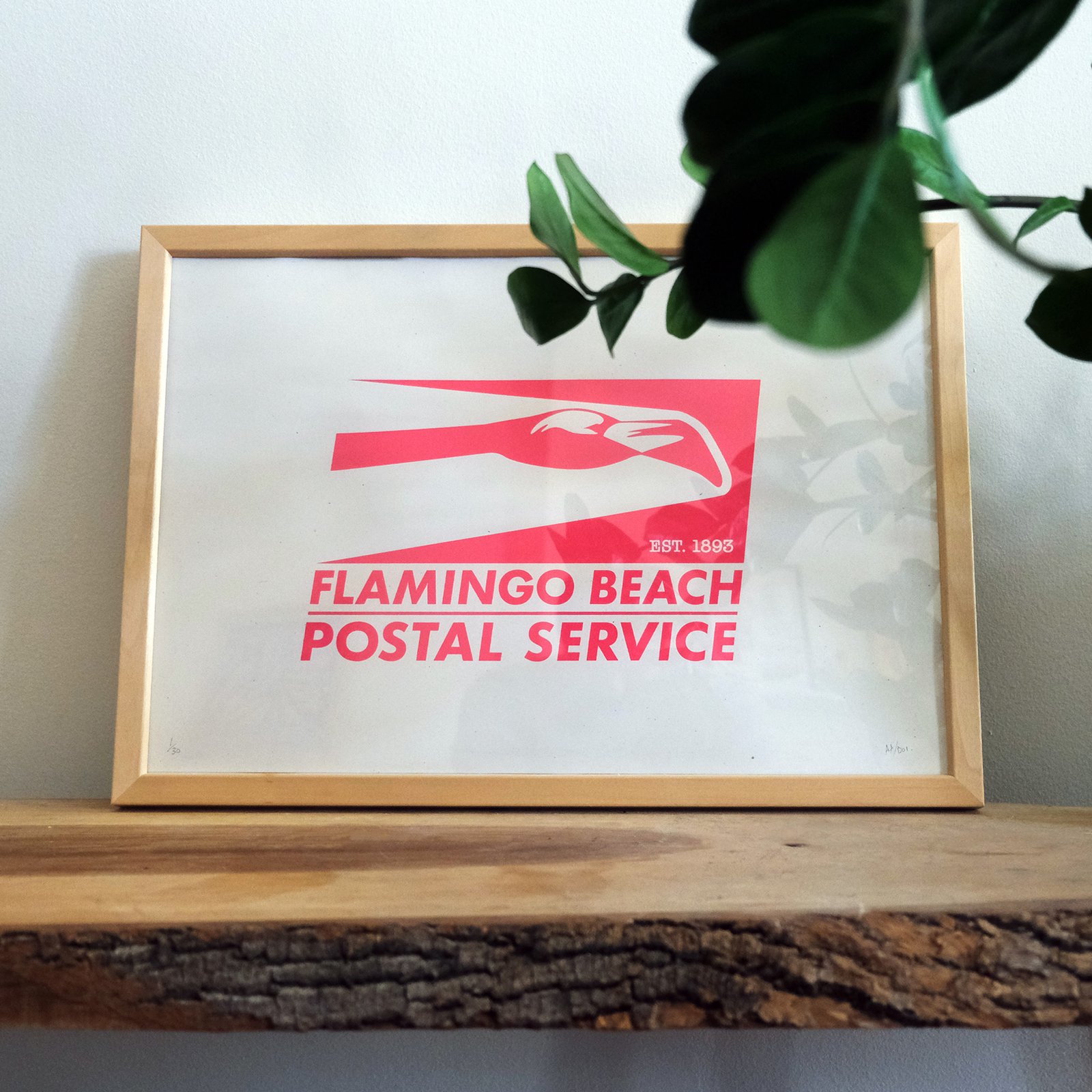 A neon pink flamingo beach postal service print sits on white paper in a wood frame on a wooden bench with a plant over it