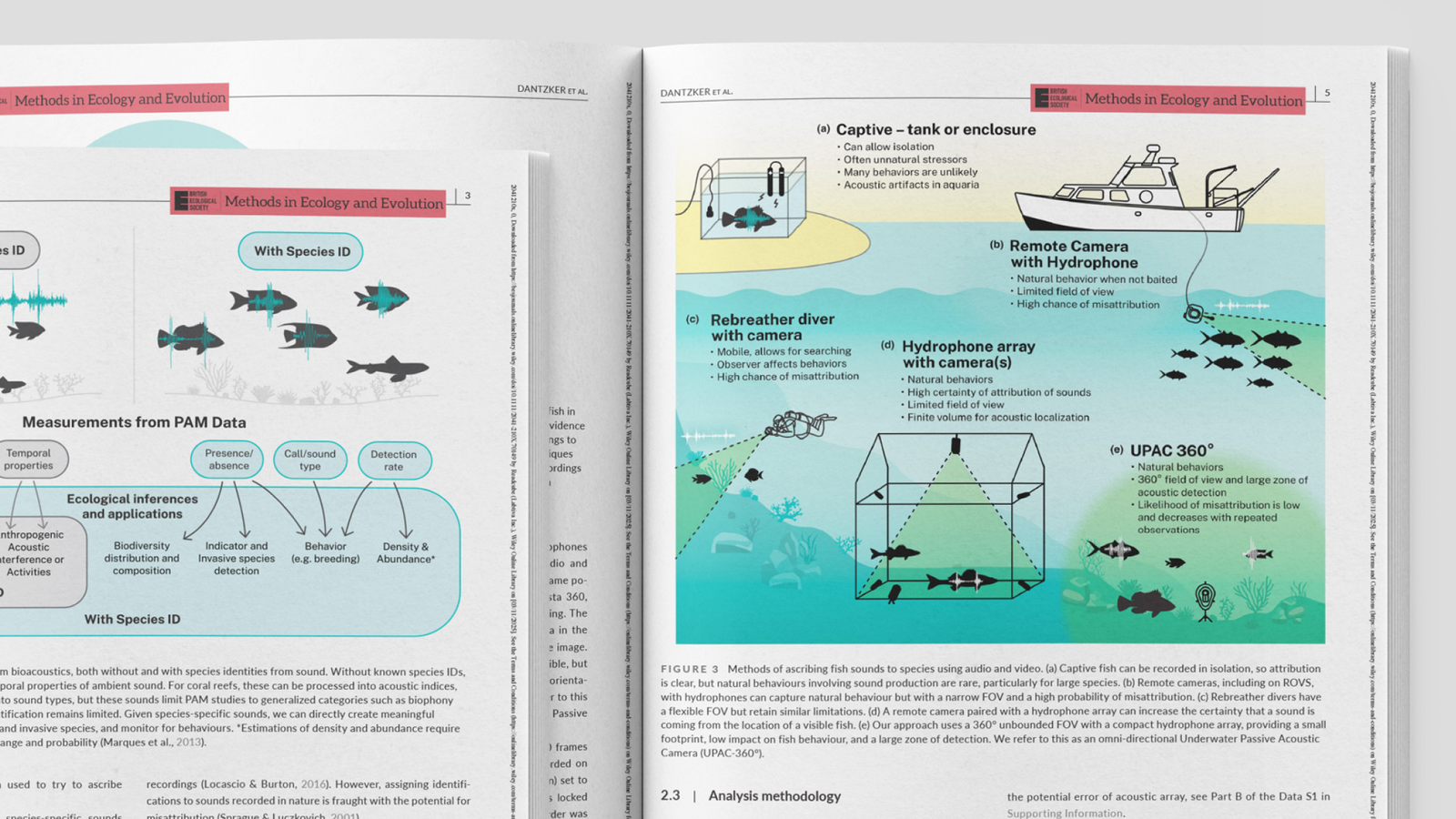 A magazine spread is shown with a scientific diagram showing various ways to record fish sounds underwater