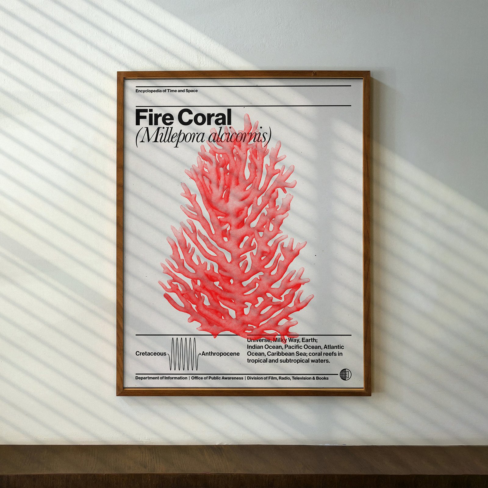 A framed poster of bright red fire coral over black text on white paper hangs on a shaded wall inside an office