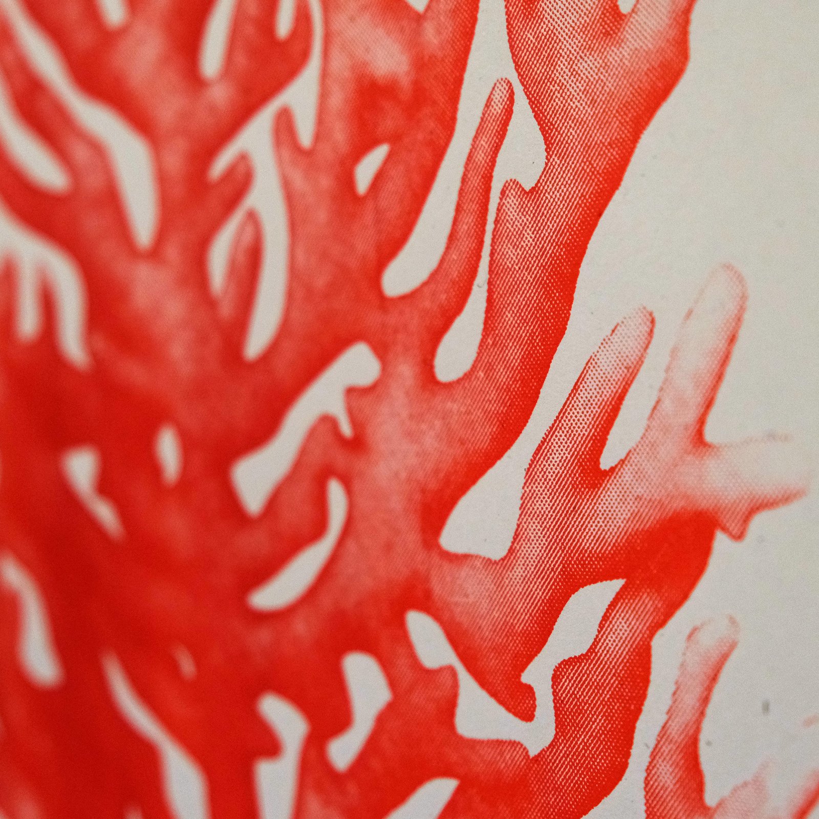 A close up shot of bright red fire coral silkscreen ink in halftone patter over cream paper