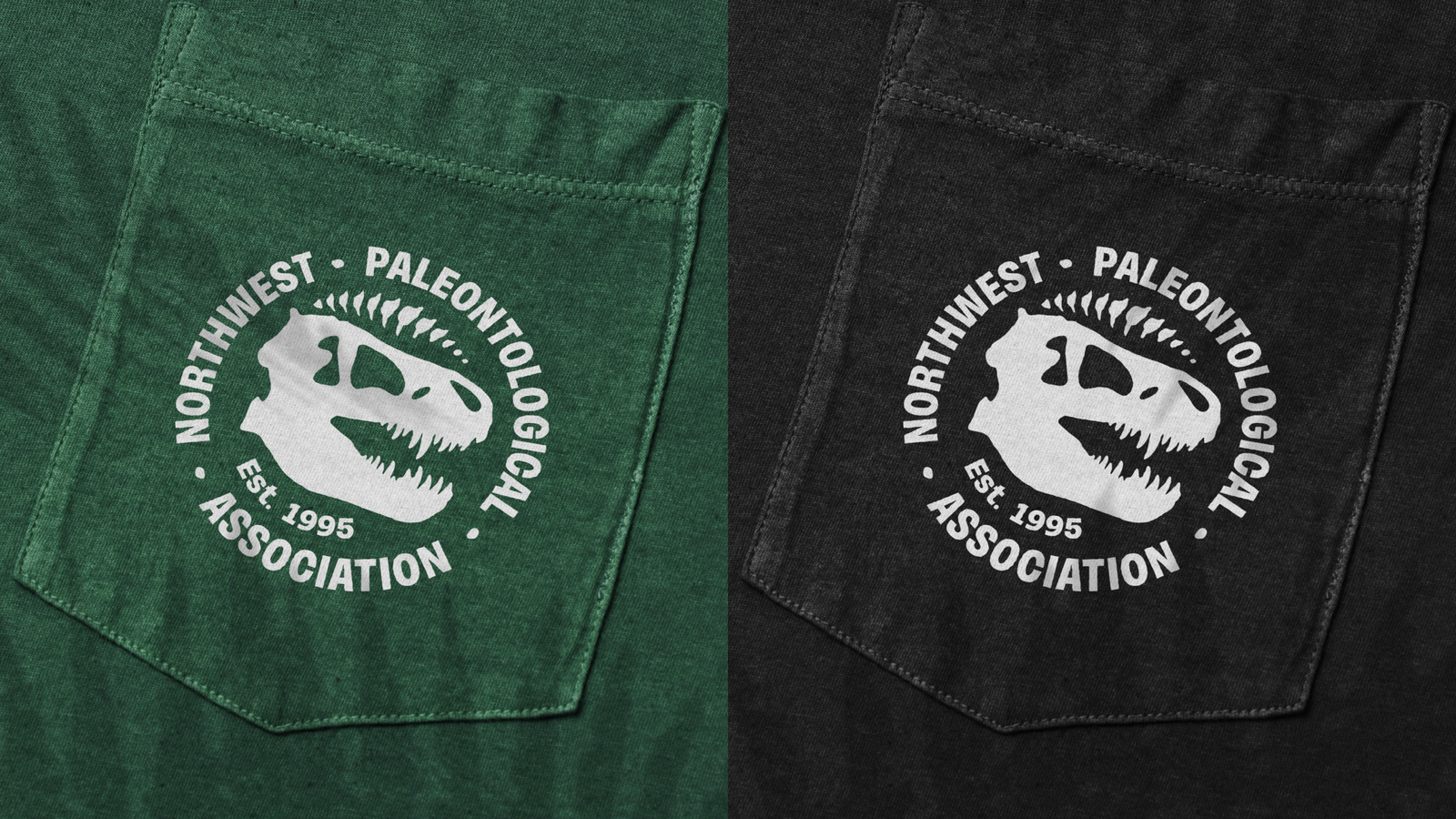 The Northwest Paleontological Association logo with a t-rex skull is seen on a green and black pocket tee