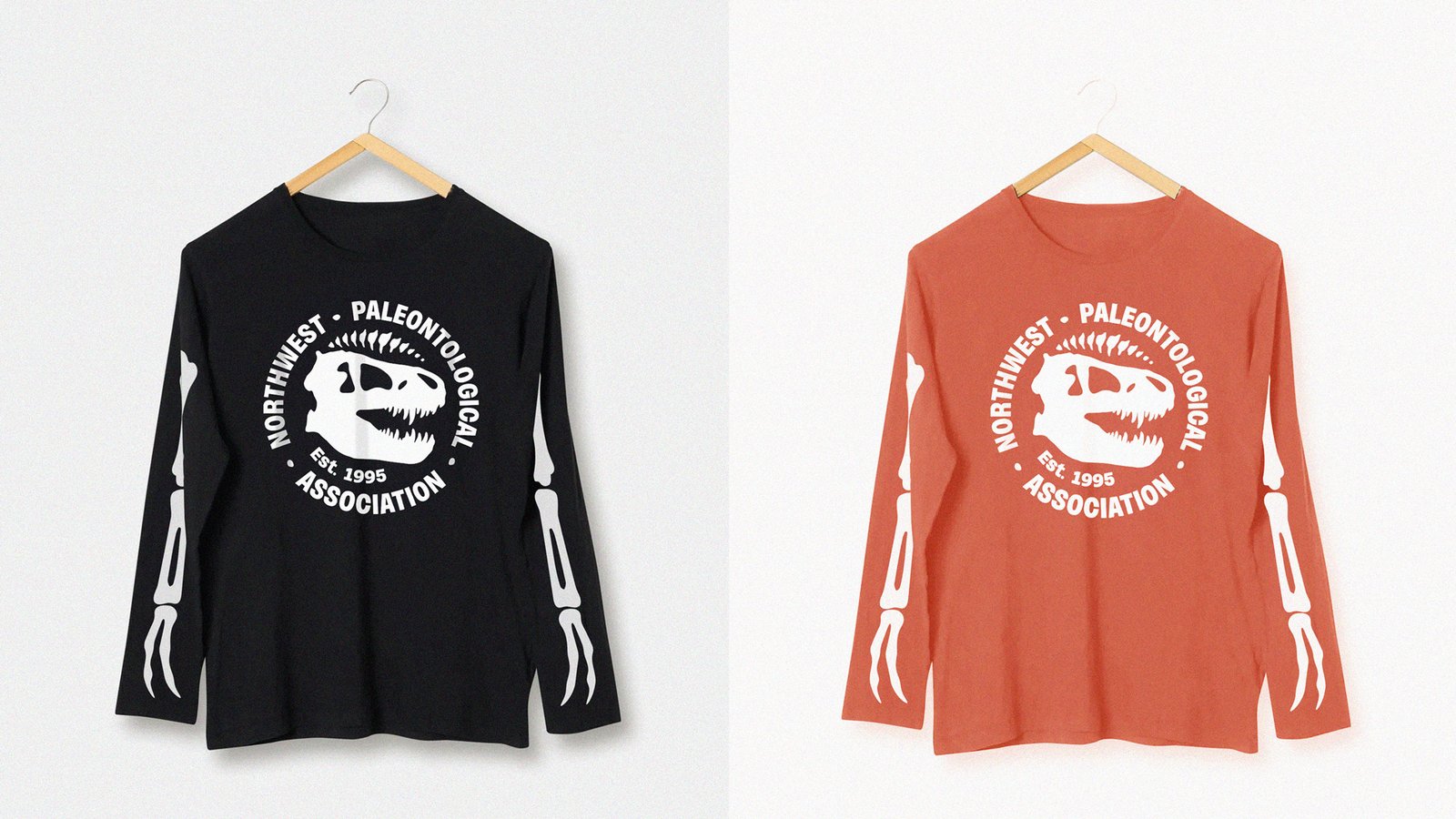 The NPA logo on two long sleeve shirts in orange and black, respectively, with bones on the arms