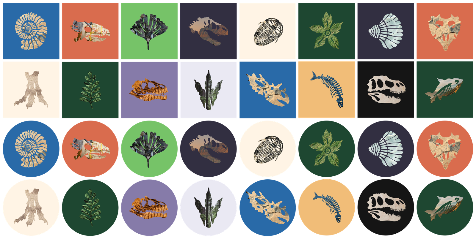Multiple fossil silhouettes used as masks for colorful photos on colored backgrounds
