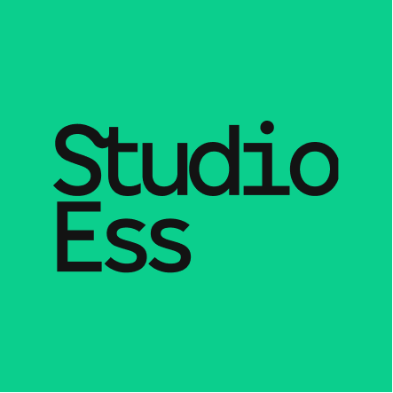 The minimal geometric sans-serif based logo for Studio Ess in black sits on a verdigris green block