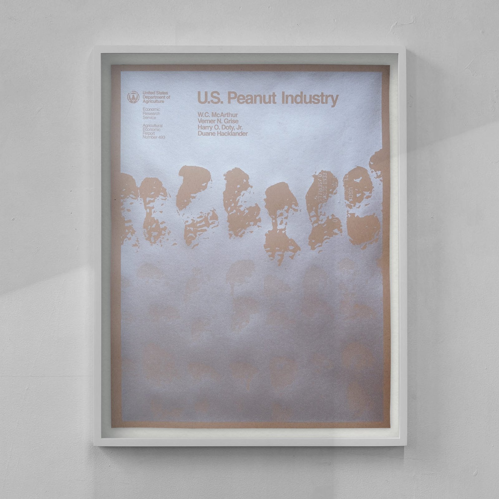 A poster of a 1982 government report on the peanut industry shows the title of the report at the top and peanut outlines on the lower half - silver metallic ink on brown craft paper