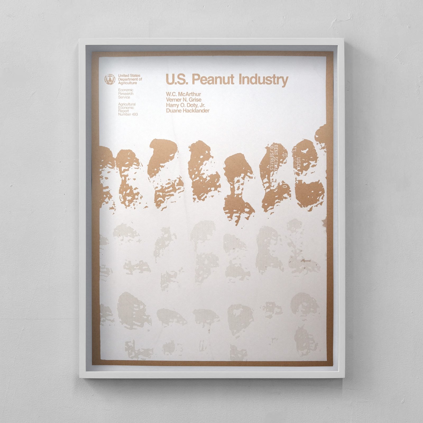 A silkscreen poster of a 1980s us government report titled US Peanut Industry in white ink on brown craft paper